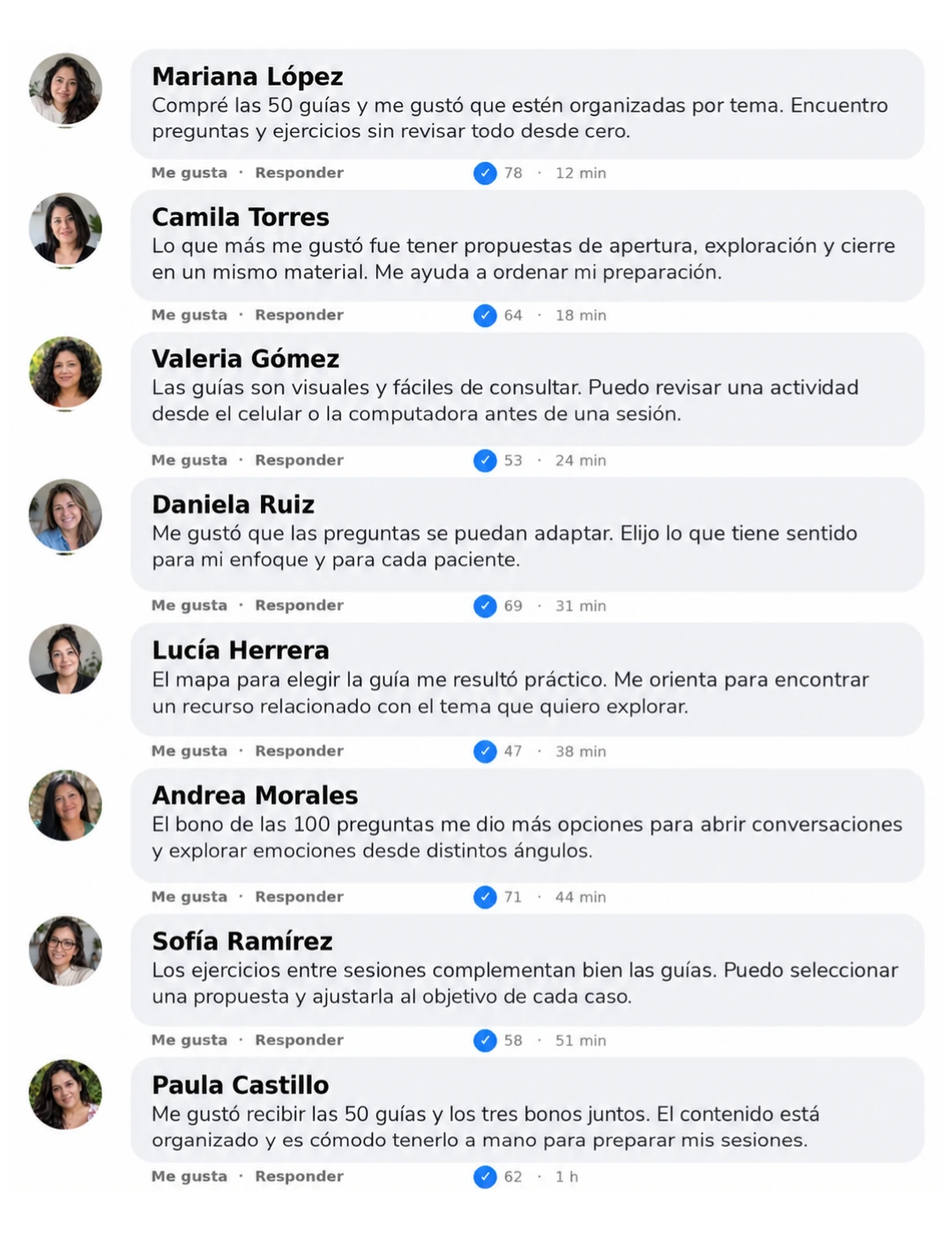 Ocho comentarios ficticios sobre las 50 guías y sus bonos. Son ejemplos ilustrativos, no opiniones reales de compradores.