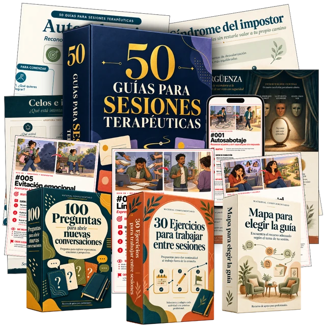 Paquete de 50 Guías para Sesiones Terapéuticas, guías ilustradas, acceso en celular y tres bonos en español